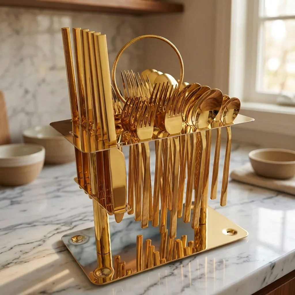 24-piece gold cutlery set with square base stand, available in Nairobi, Kenya