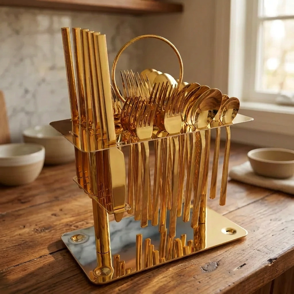 24-Piece Gold Cutlery Set with Square Base Stand