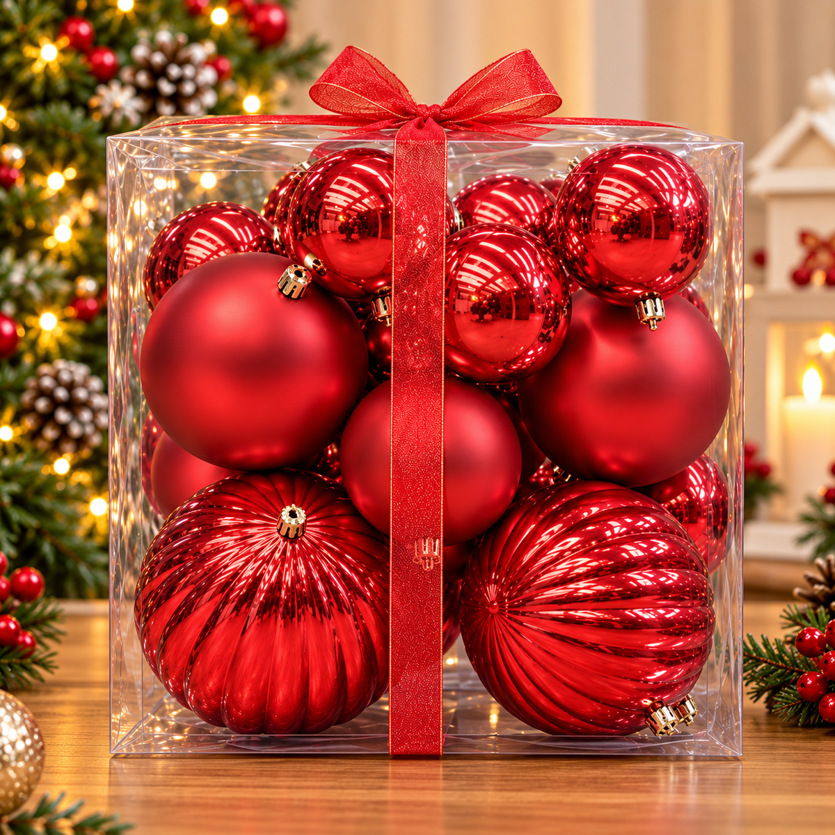 26-piece Christmas bauble hamper set in red, assorted sizes from 6cm to 15cm, available in Nairobi, Kenya