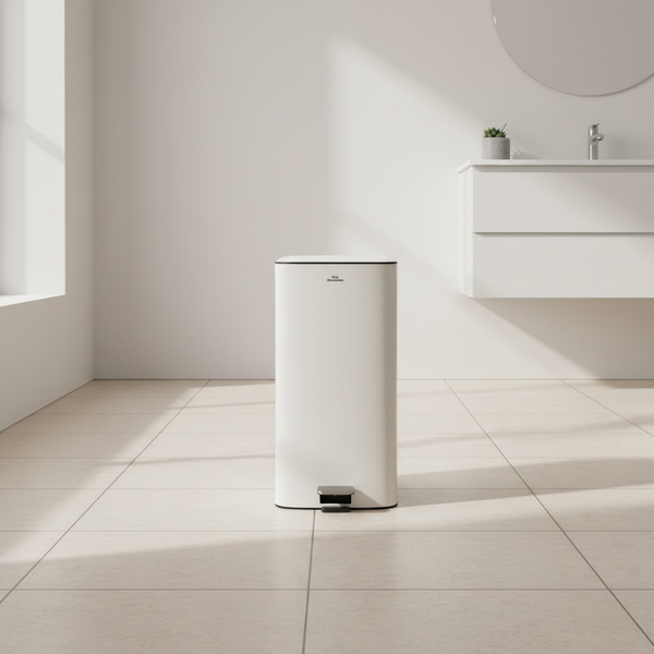 Gemelli Collections SS 28L rectangular cream stainless steel pedal bin with soft-close lid and removable inner bucket measuring 617mm x 350mm x 303mm.