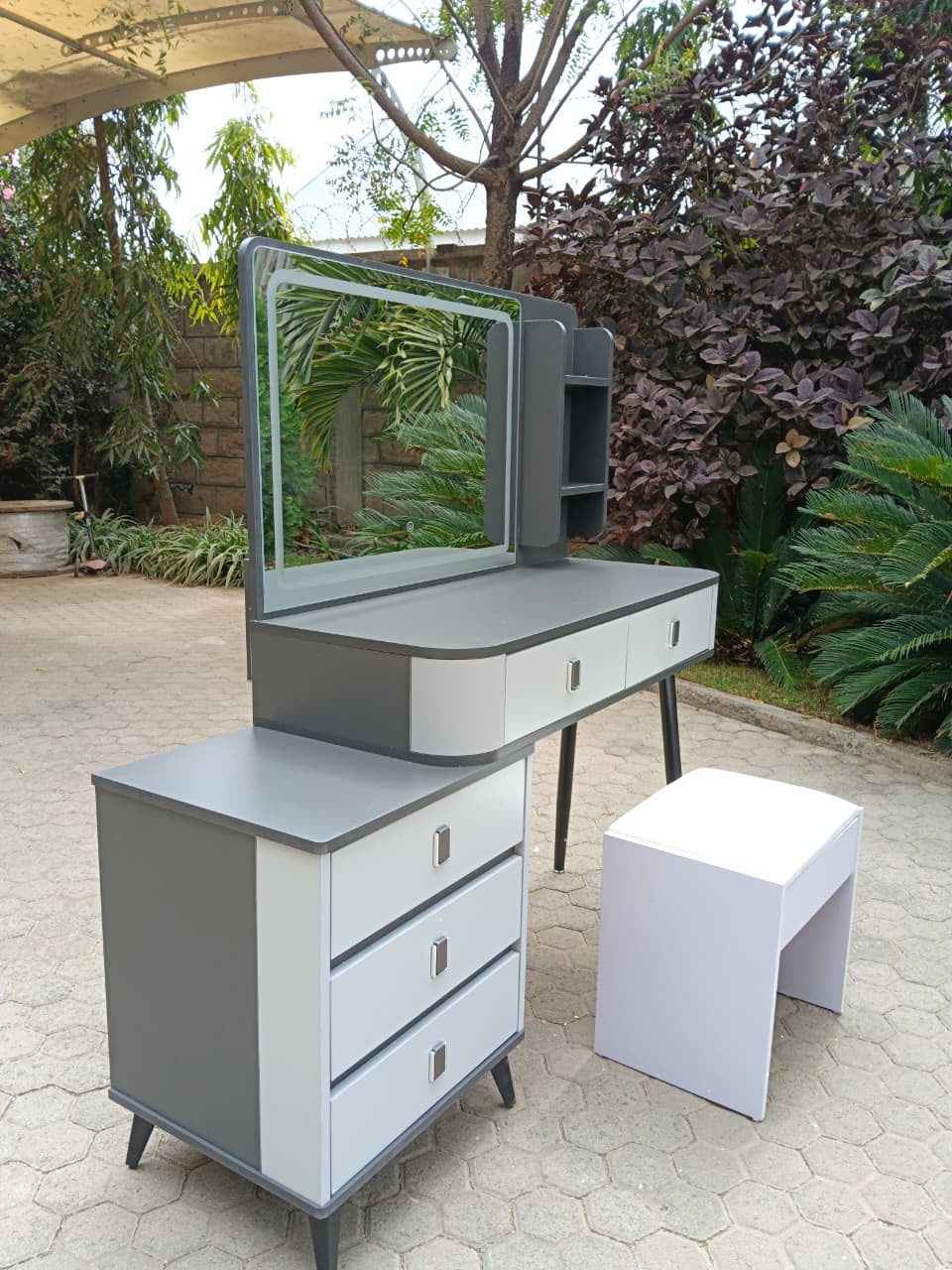 LED Dressing Table with Drawers, Shelves, and Stool