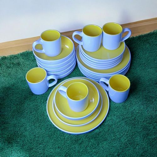 Yellow and White Ceramic Dinner Set with Mugs, Side Plates, Bowls and Dinner Plates 16 Piece and 24 Piece Options