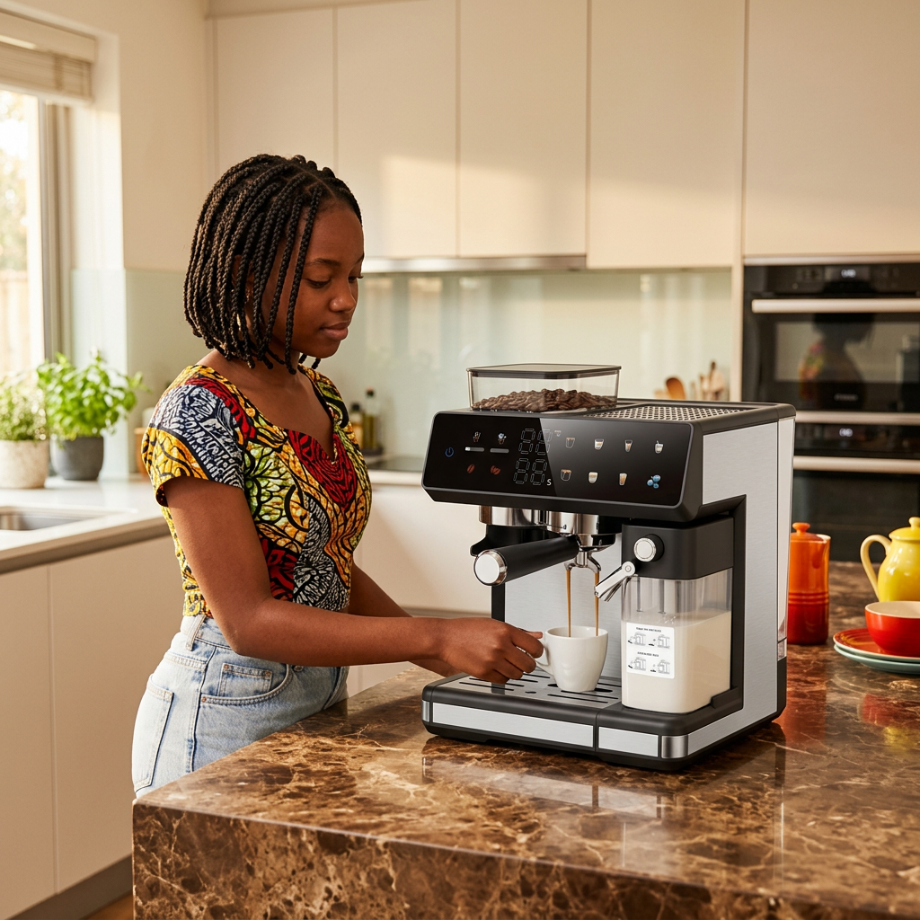 3-in-1 espresso coffee maker with built-in grinder, 20-bar pump, automatic milk frother, 2.6-litre water tank and colour touchscreen, available in Nairobi, Kenya.