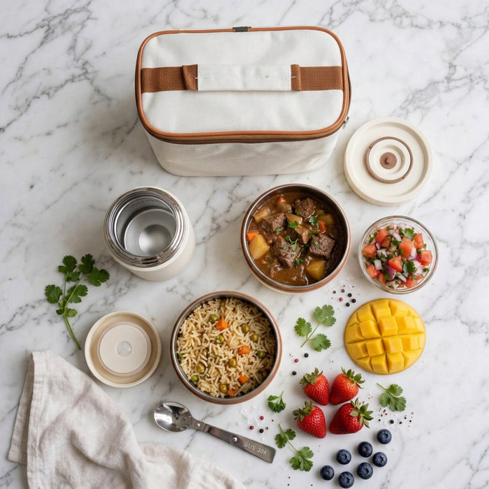 3-in-1 thermal lunch box set with food flask, foldable stainless steel spoon and beige insulated bag, available in Nairobi, Kenya