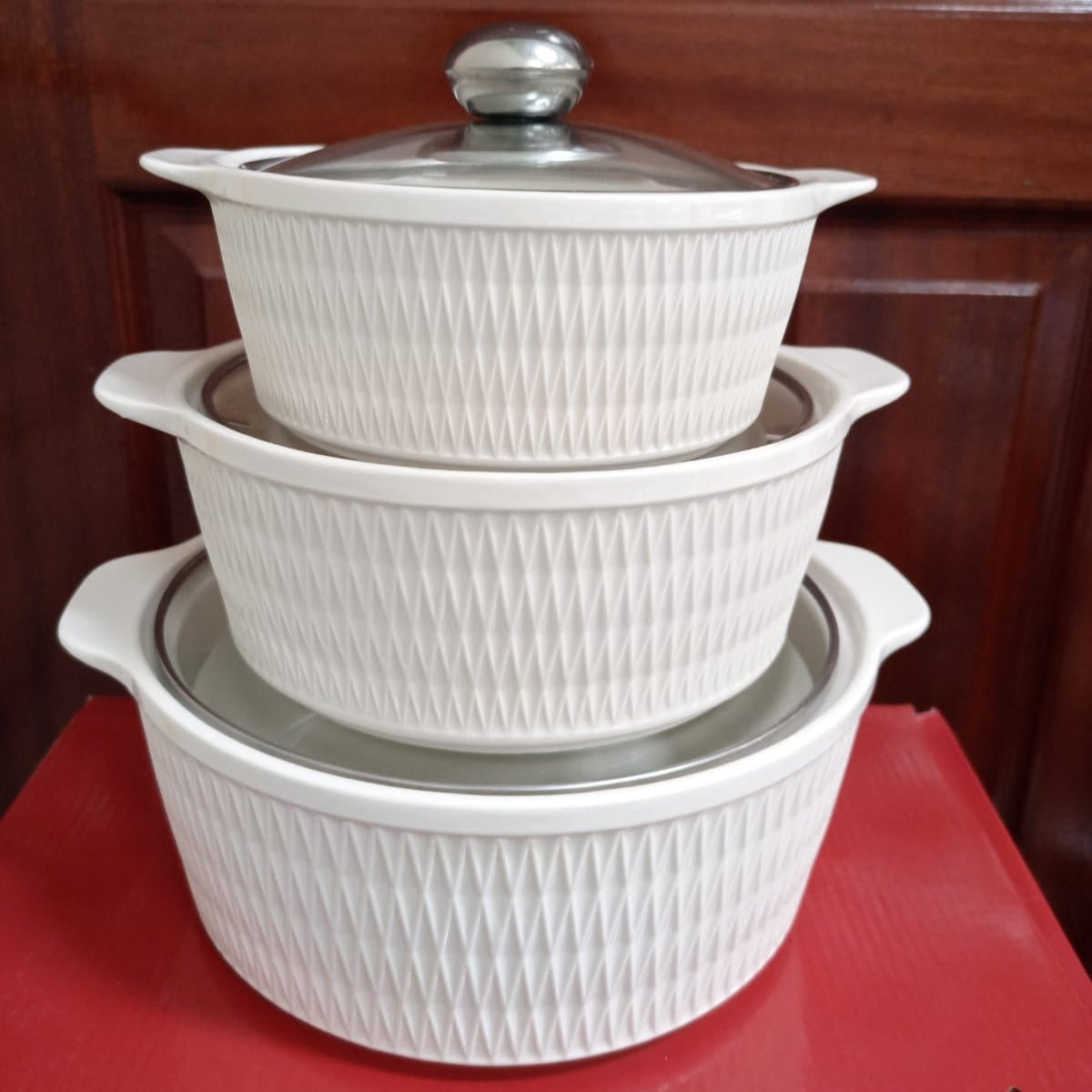 3 Piece Ceramic Serving Bowl Set with 3 Glass Lids, 1L, 2L and 3L - available in Nairobi, Kenya