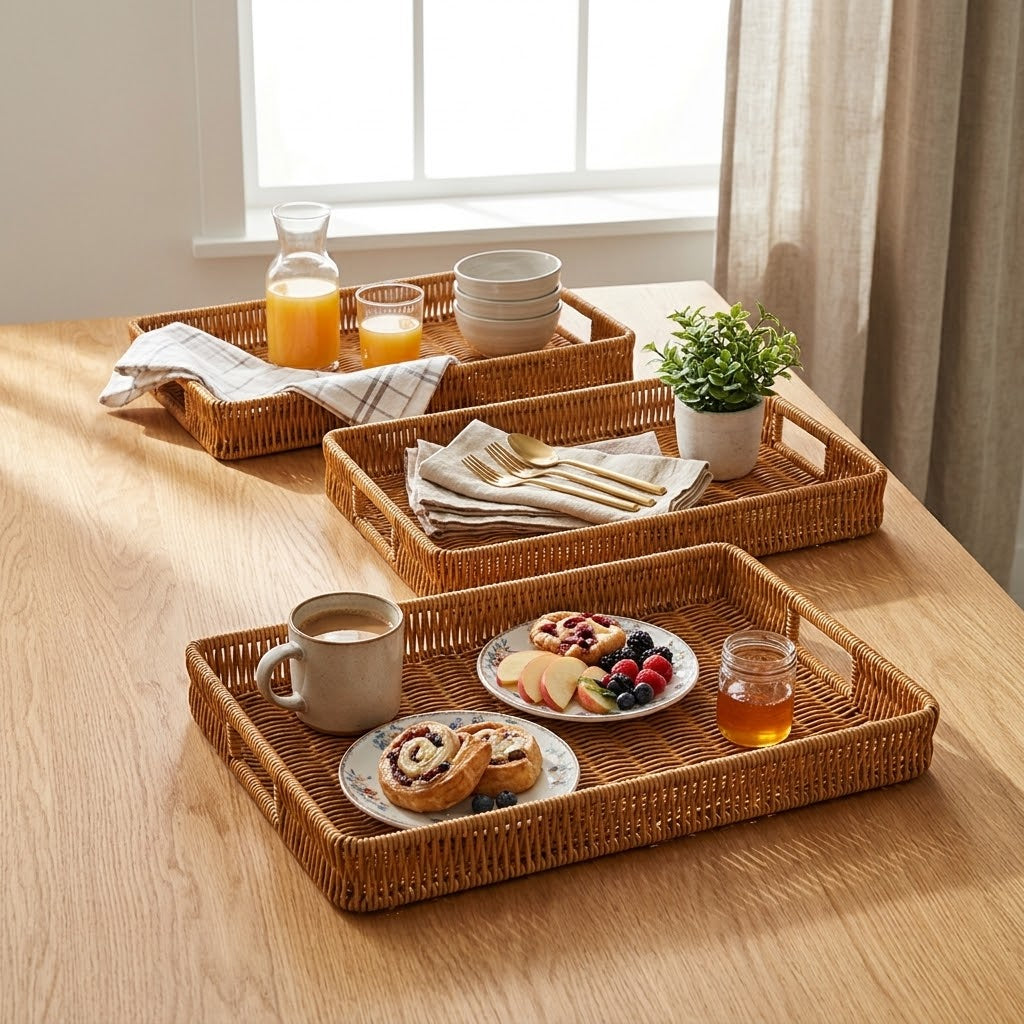 3-piece handmade rectangular rattan decorative tray set for serving, storage and home décor, available in Nairobi, Kenya