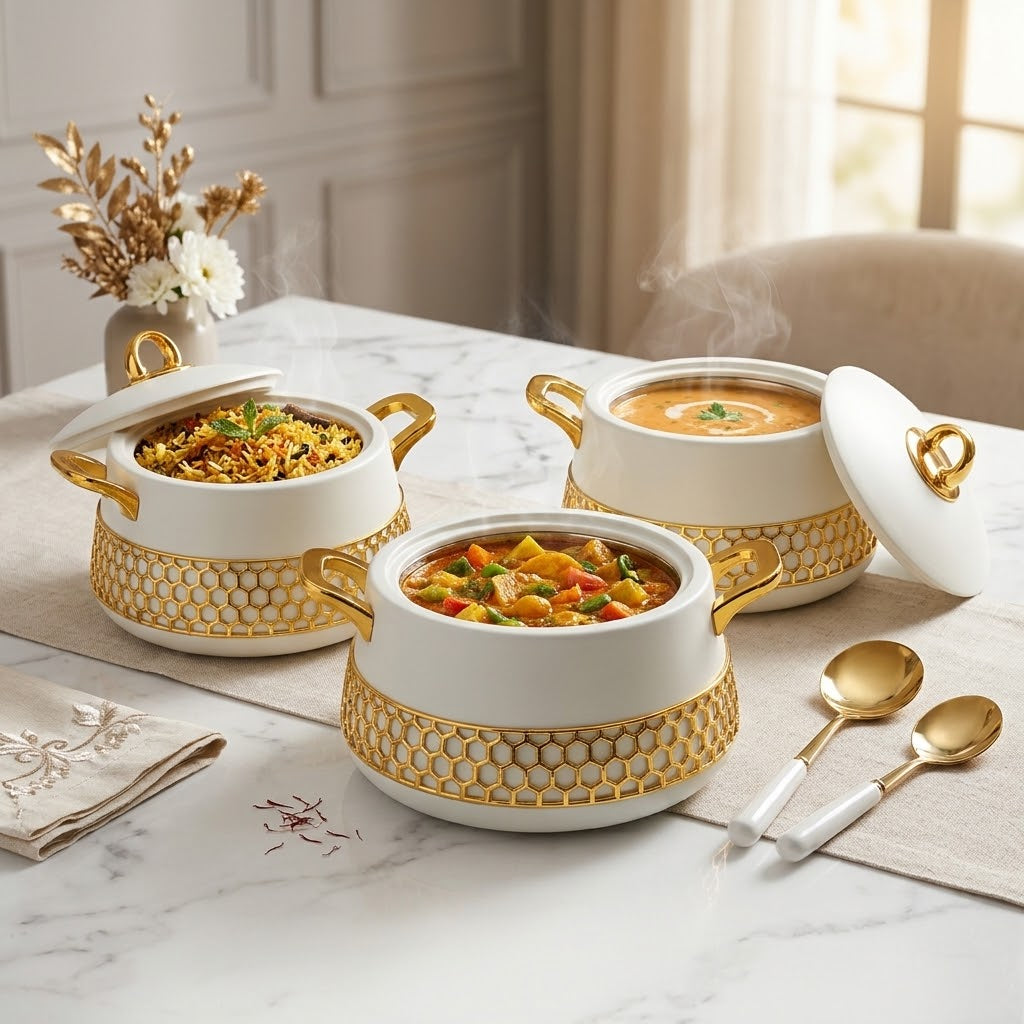 3-piece round insulated food hotpot set in white with gold details, 2000ml, 2500ml and 3000ml, available in Nairobi, Kenya