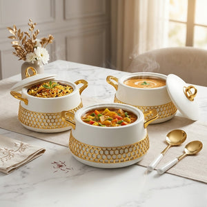 3-piece round insulated food hotpot set in white with gold details, 2000ml, 2500ml and 3000ml, available in Nairobi, Kenya