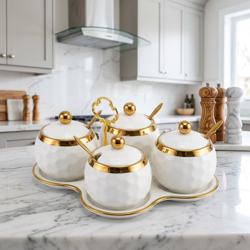 3-piece white ceramic sugar, tea and coffee canister set with triangle-shaped stand, available in Nairobi, Kenya