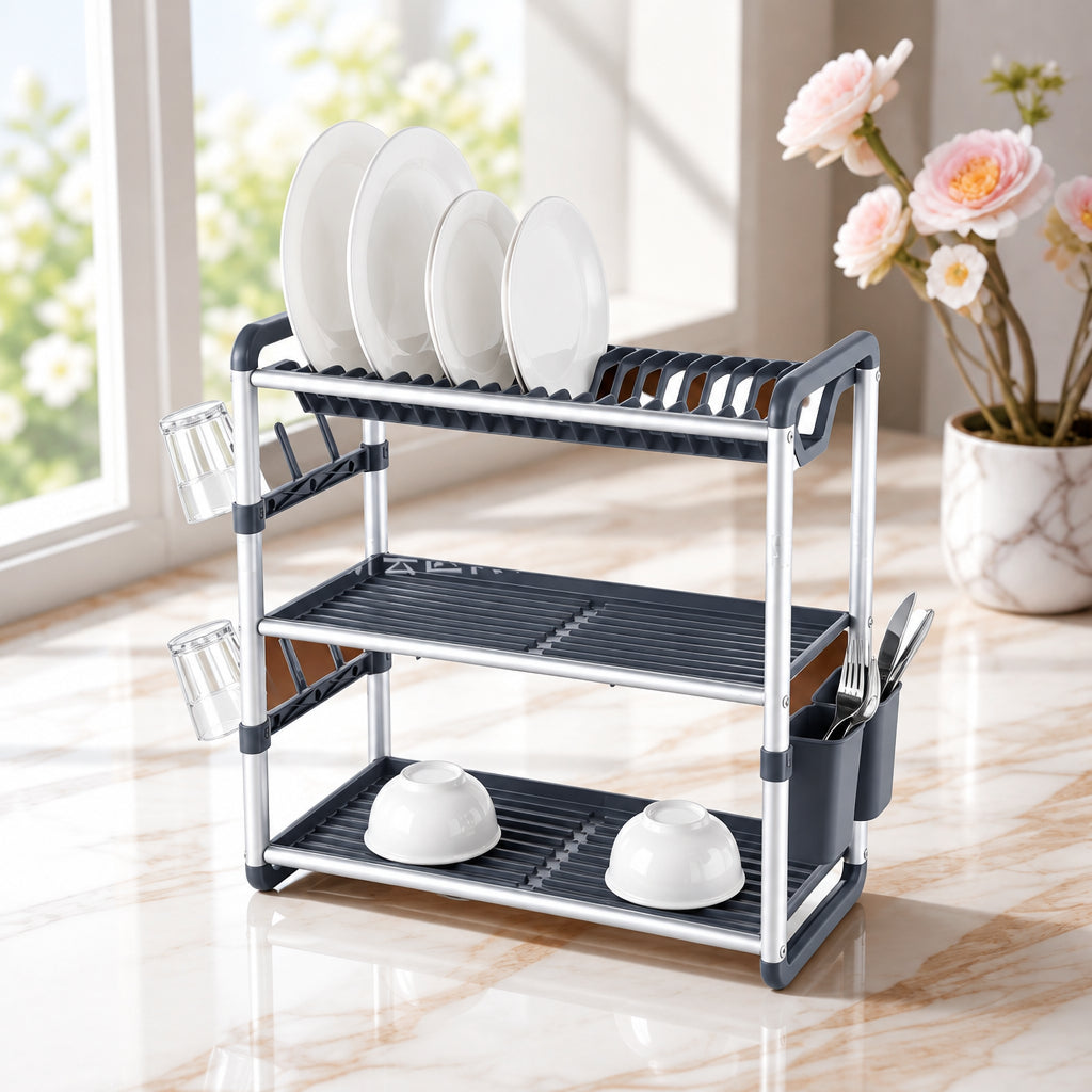 3-tier aluminium dish drying rack with drainer board, utensil holder and cup holder, available in Nairobi, Kenya