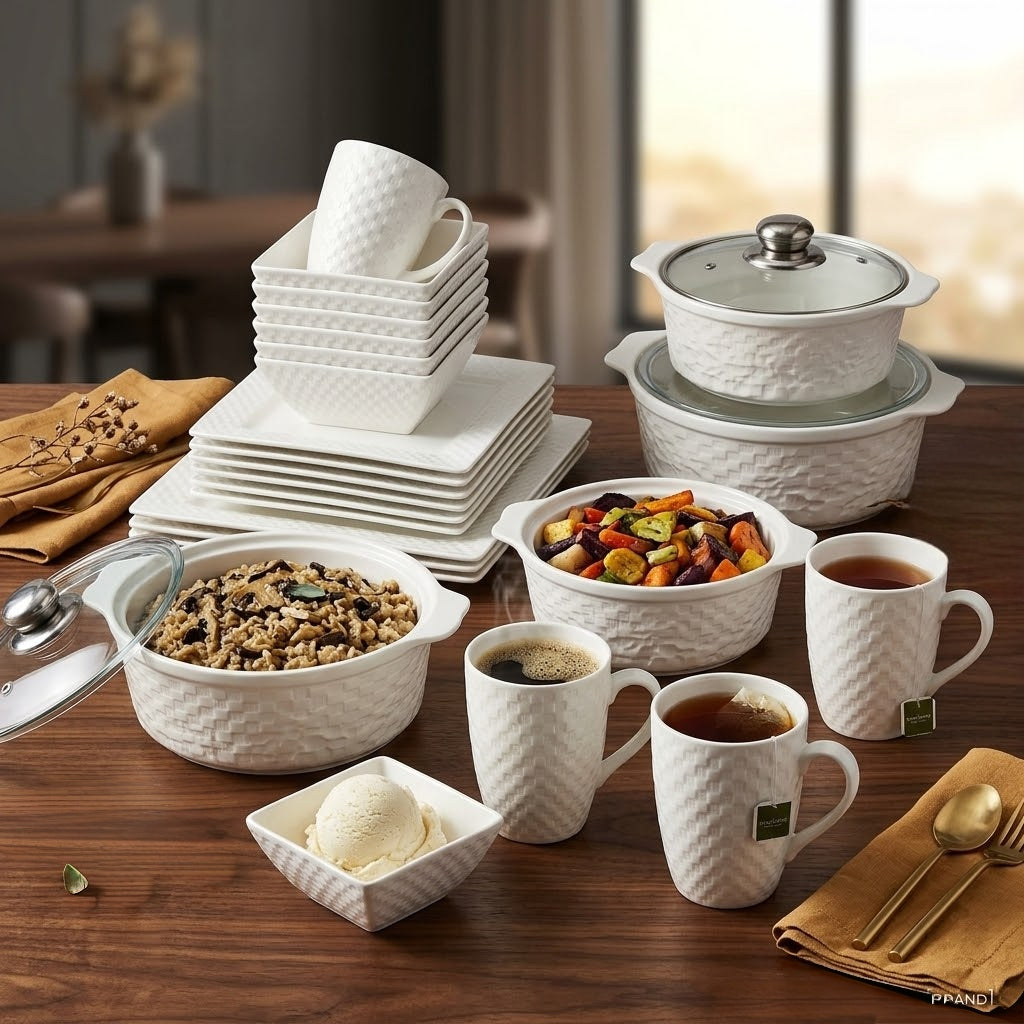 30-piece dinner set with 6 cups, 6 bowls, 6 side plates, 6 dinner plates, 3 casserole dishes and 3 lids, available in Nairobi, Kenya