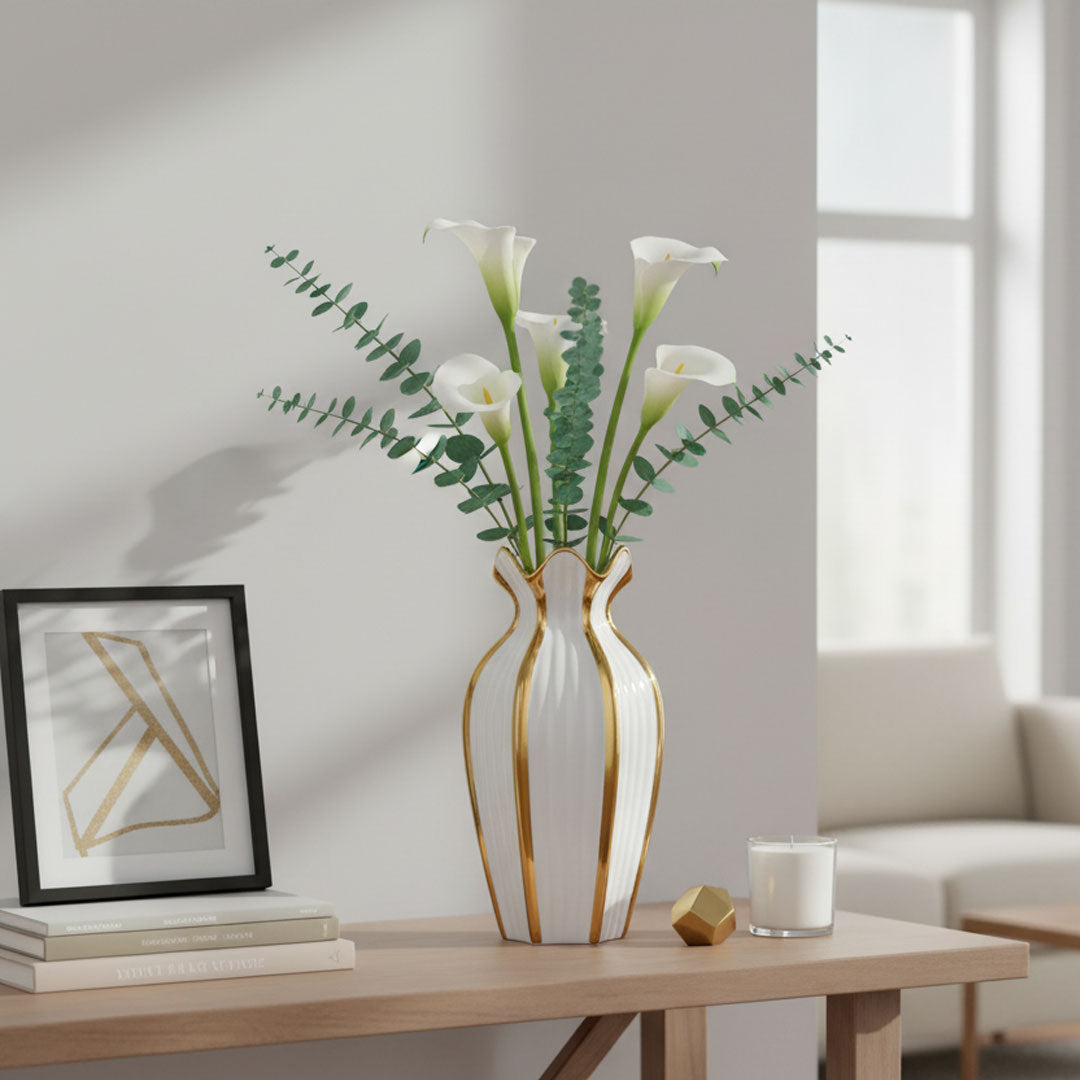 30cm ceramic vase with vertical ridges and gold accents, available in green, pink, and white, suitable for flowers or decorative display.