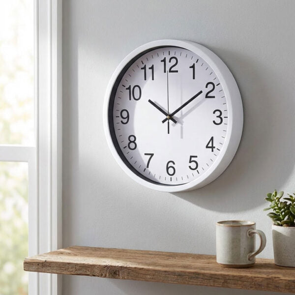 30cm white frame wall clock with black numerals, clear dial, silent quartz movement, easy to read design, Gemelli Collection