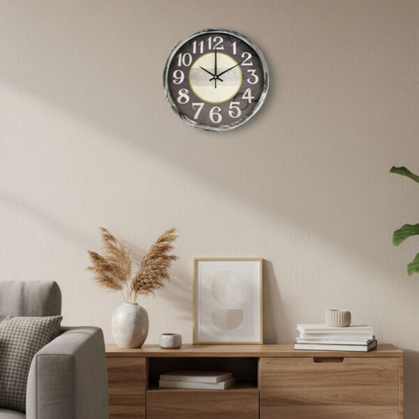 30cm rustic wall clock with weathered wood dial, bold numerals, subtle gold accents, and distressed frame, Gemelli Collection