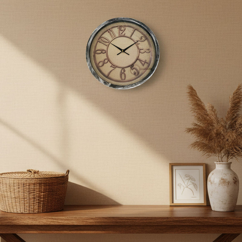 30cm vintage style wall clock with textured dial, raised numerals, and weathered frame, Gemelli Collection