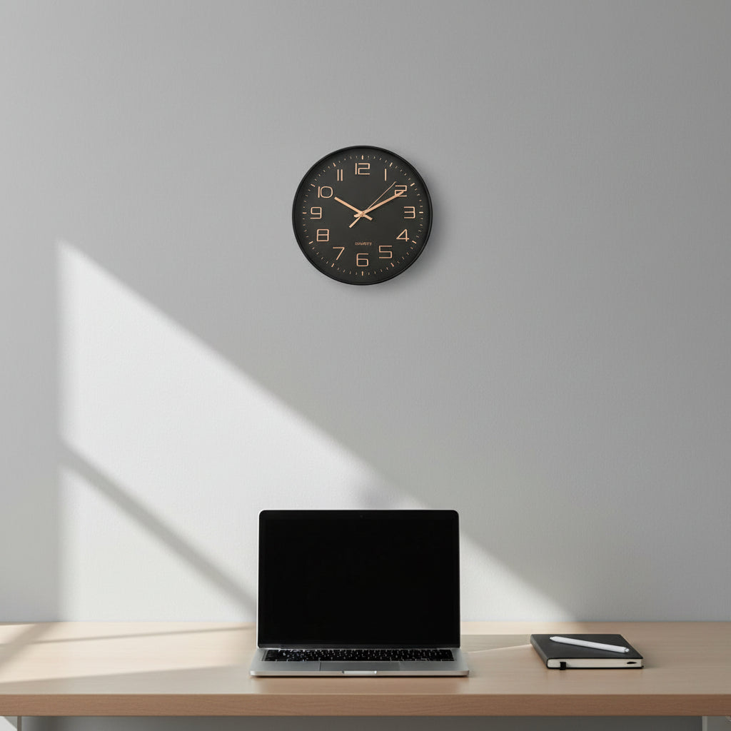 30cm black wall clock with rose gold numerals and hands, minimalist modern design, silent quartz movement, Gemelli Collection