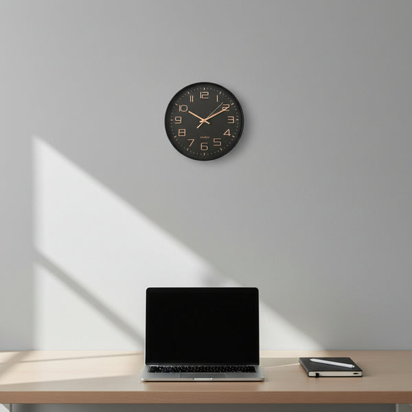 30cm black wall clock with rose gold numerals and hands, minimalist modern design, silent quartz movement, Gemelli Collection