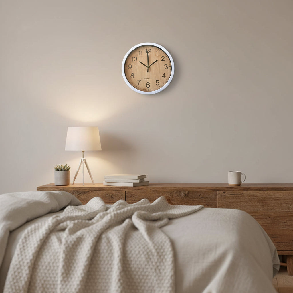 30cm white wall clock with light woodgrain face, bold black numerals, silent quartz movement, modern minimalist design, Gemelli Collection