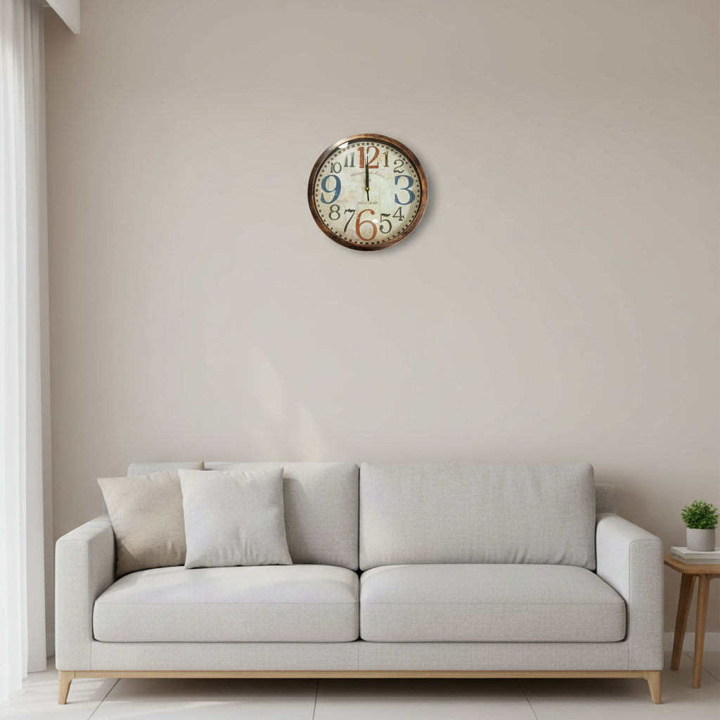 30cm vintage-inspired wall clock with distressed dial, bold multicolored numerals, classic round frame, available in black or brown, Gemelli Collection