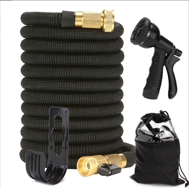 30m black expandable garden hose with spray gun, hanger, storage bag and rubber gaskets for garden watering and car washing. Available in Nairobi, Kenya.