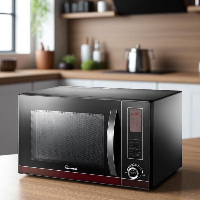Black thirty liter convection microwave with grill, auto cook menus, and LED touch controls
