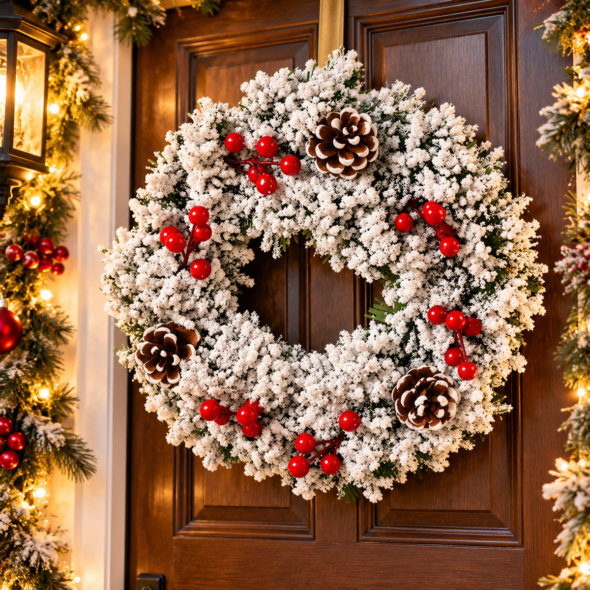 32cm Christmas front door wreath with snow-dusted pine needles and pine cones available in Nairobi, Kenya