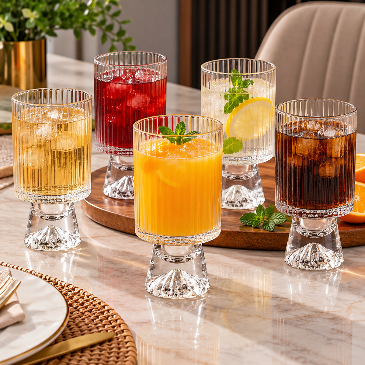 340ml clear crystal glass with mountain-patterned textured base for whiskey, coffee, juice and ice cream available in Nairobi, Kenya