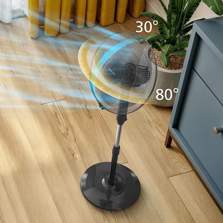 Philips Series 600 ACP620/01 pedestal fan with powerful airflow, quiet operation, remote control, oscillation function, and adjustable height for home and office cooling.
