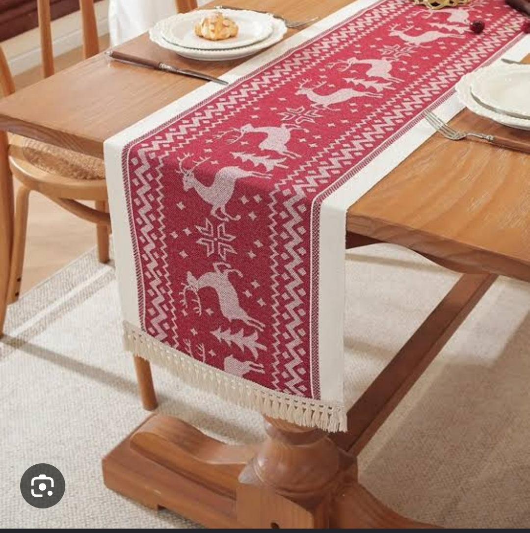35 × 200cm: 35 × 200cm jacquard Christmas table runner with reindeer and snowman print and tassel edges available in Nairobi, Kenya