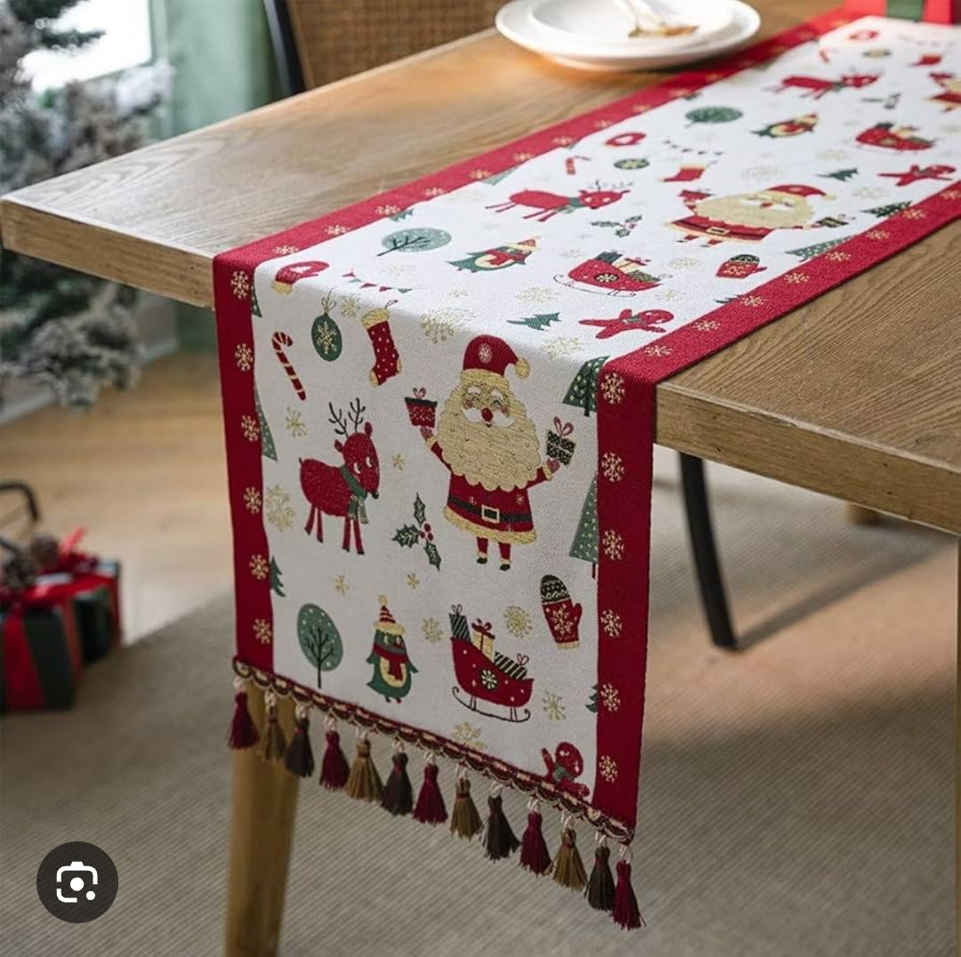 35 × 220cm: 35 × 220cm jacquard Christmas table runner with reindeer and snowman print and tassel edges available in Nairobi, Kenya