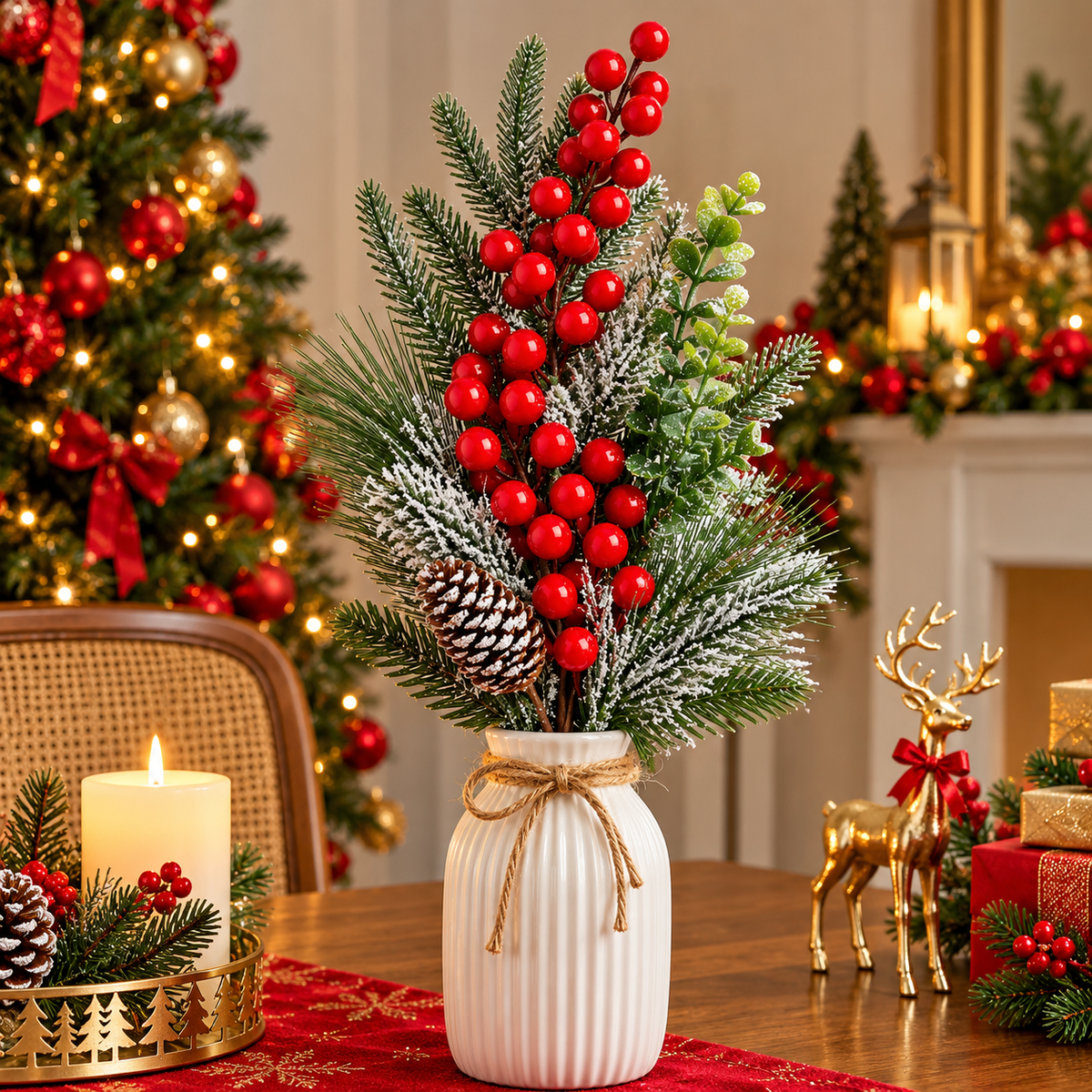 35cm frosted Christmas berry stem with red berries, snow-dusted pine branches and pinecone available in Nairobi, Kenya
