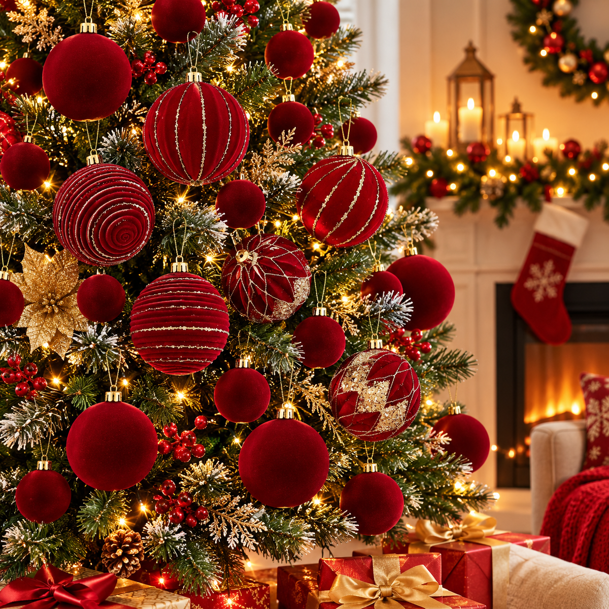 36-piece burgundy velvet Christmas bauble set with assorted sizes and gold glitter detailing, available in Nairobi, Kenya