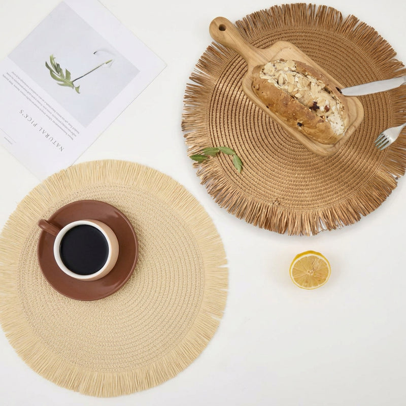 Set of 6 round woven placemats measuring 38cm in light brown and dark brown for dining tables. Available in Nairobi, Kenya.