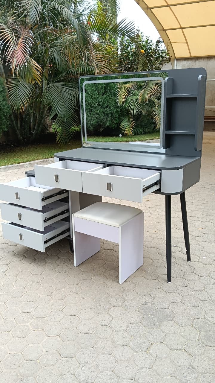 LED Dressing Table with Drawers, Shelves, and Stool