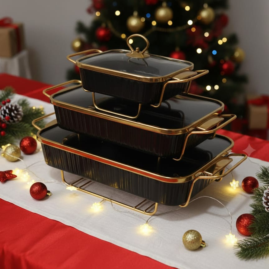 3 Piece Ceramic Chaffing Dish Set with Gold Details
