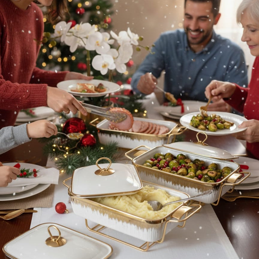 3 Piece Ceramic Chaffing Dish Set with Gold Details