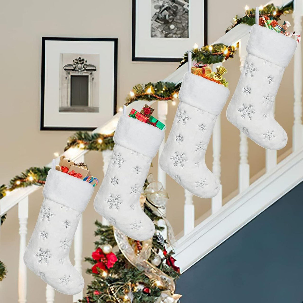 4-pack white faux fur Christmas stockings with silver sequin snowflakes, available in Nairobi, Kenya