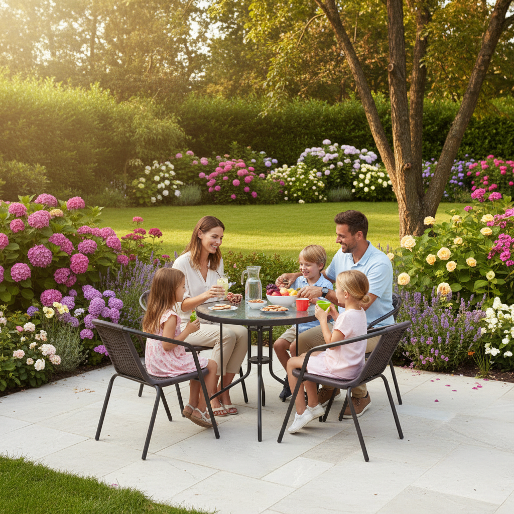 4-piece outdoor café dining set with round tempered glass table and four rattan-style armchairs, available in Nairobi, Kenya