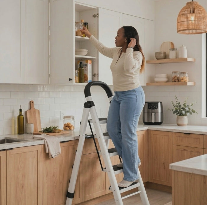 4-step folding ladder with safety handle, white carbon steel, 120cm high, available in Nairobi, Kenya