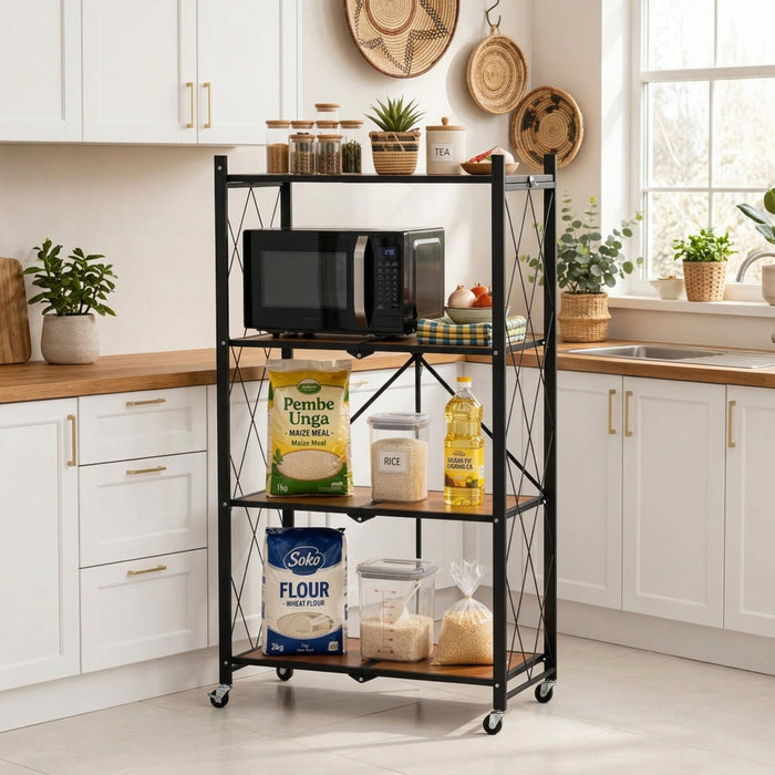 4-tier foldable storage rack with wheels, brown oak shelves and black carbon steel frame, 73 × 34 × 126cm, available in Nairobi, Kenya