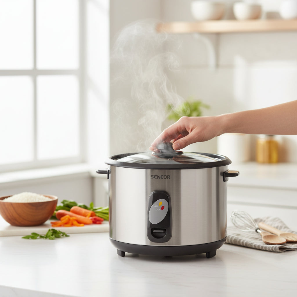Sencor 2.8L stainless steel rice cooker with steam function.