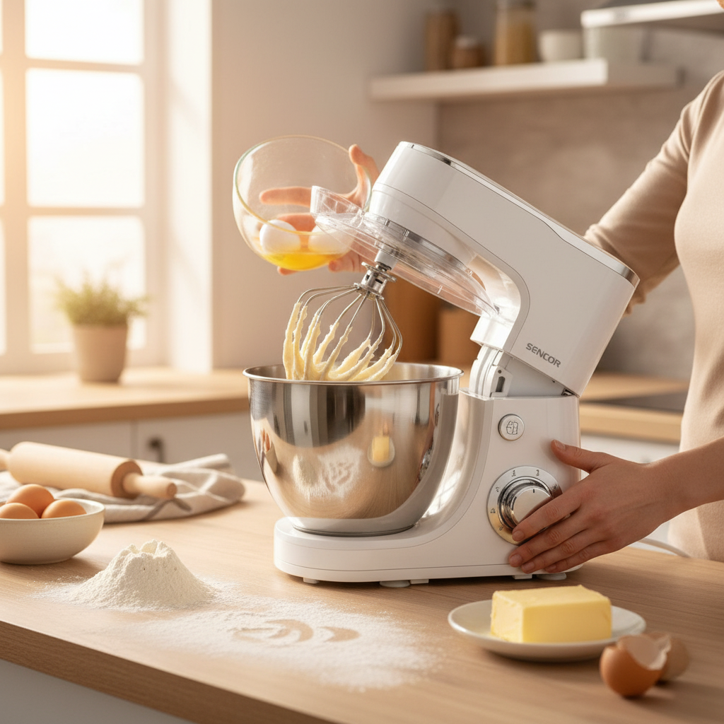 Sencor 1300W stand mixer with 5.5L stainless steel bowl and 6-speed settings.