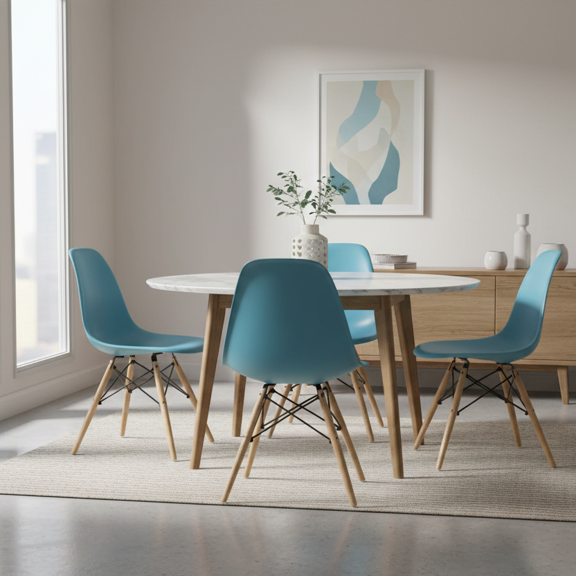 Eames-Style Molded Plastic Dining Chair with Wooden Base