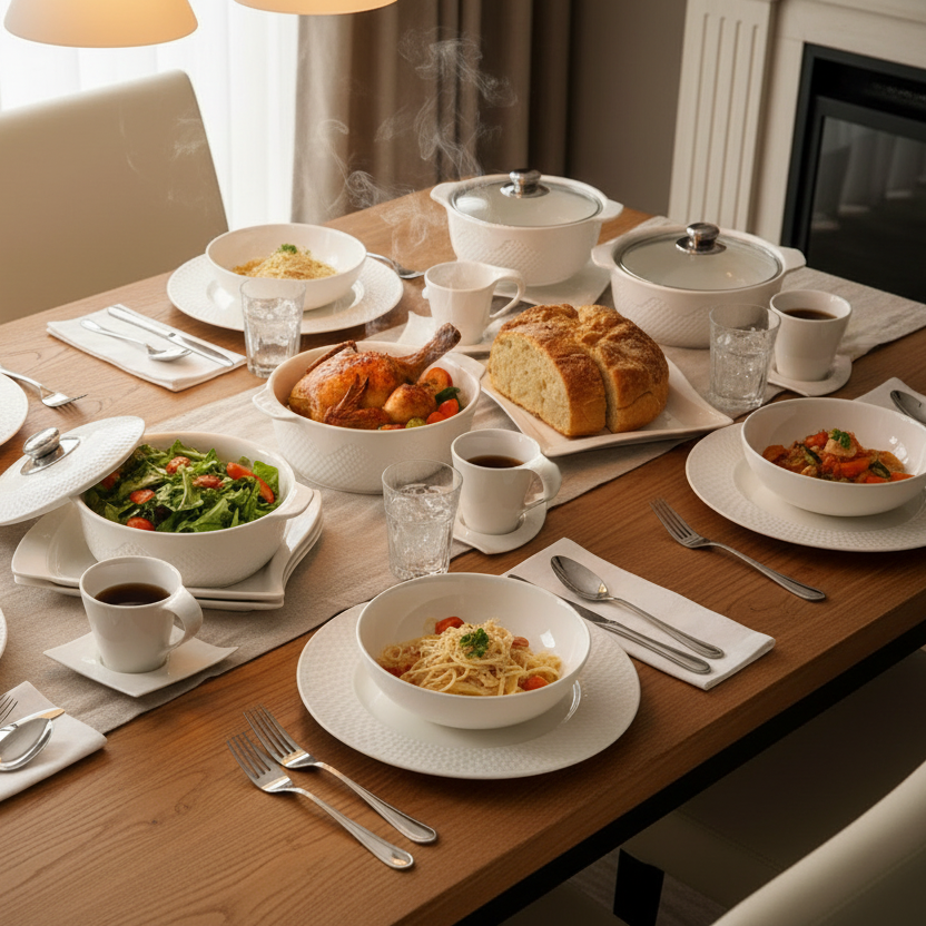 42 pcs dinner set with cups, plates, bowls, spoons, serving dishes, and glass lids