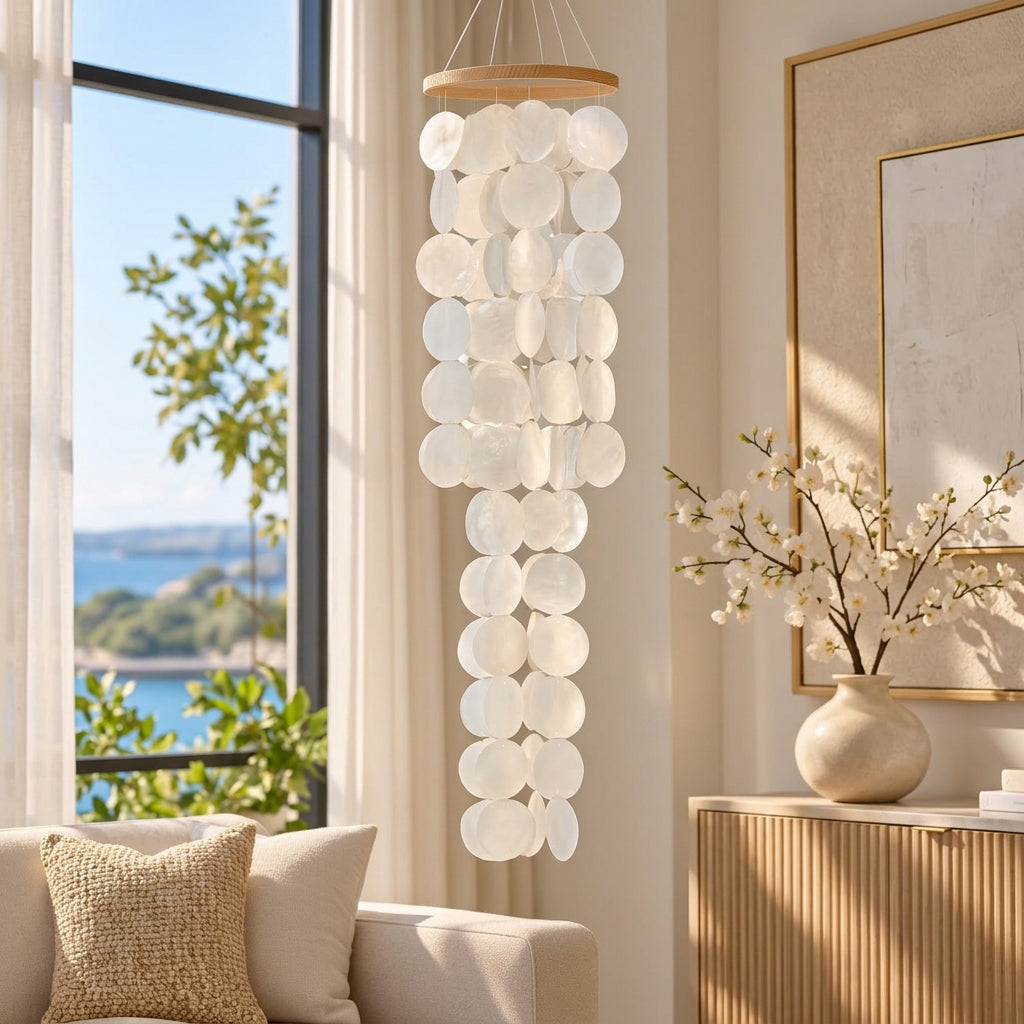 45 cm Capiz Shell Wind Chime with Wooden Detail, White - available in Nairobi, Kenya