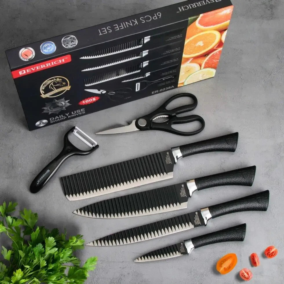 6-piece kitchen knife set with serrated blades, peeler, and scissors in ergonomic handles