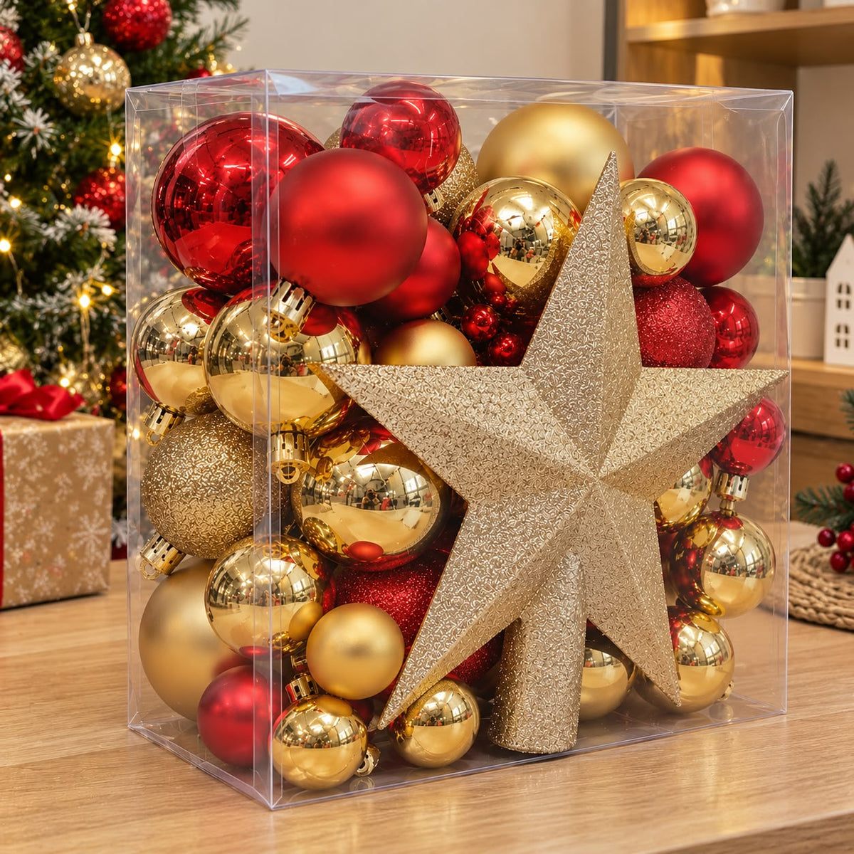 48-piece gold and red Christmas tree decorative ornaments gift pack with shiny, matte and glitter baubles in different sizes and a 20cm gold glitter flat star available in Nairobi, Kenya