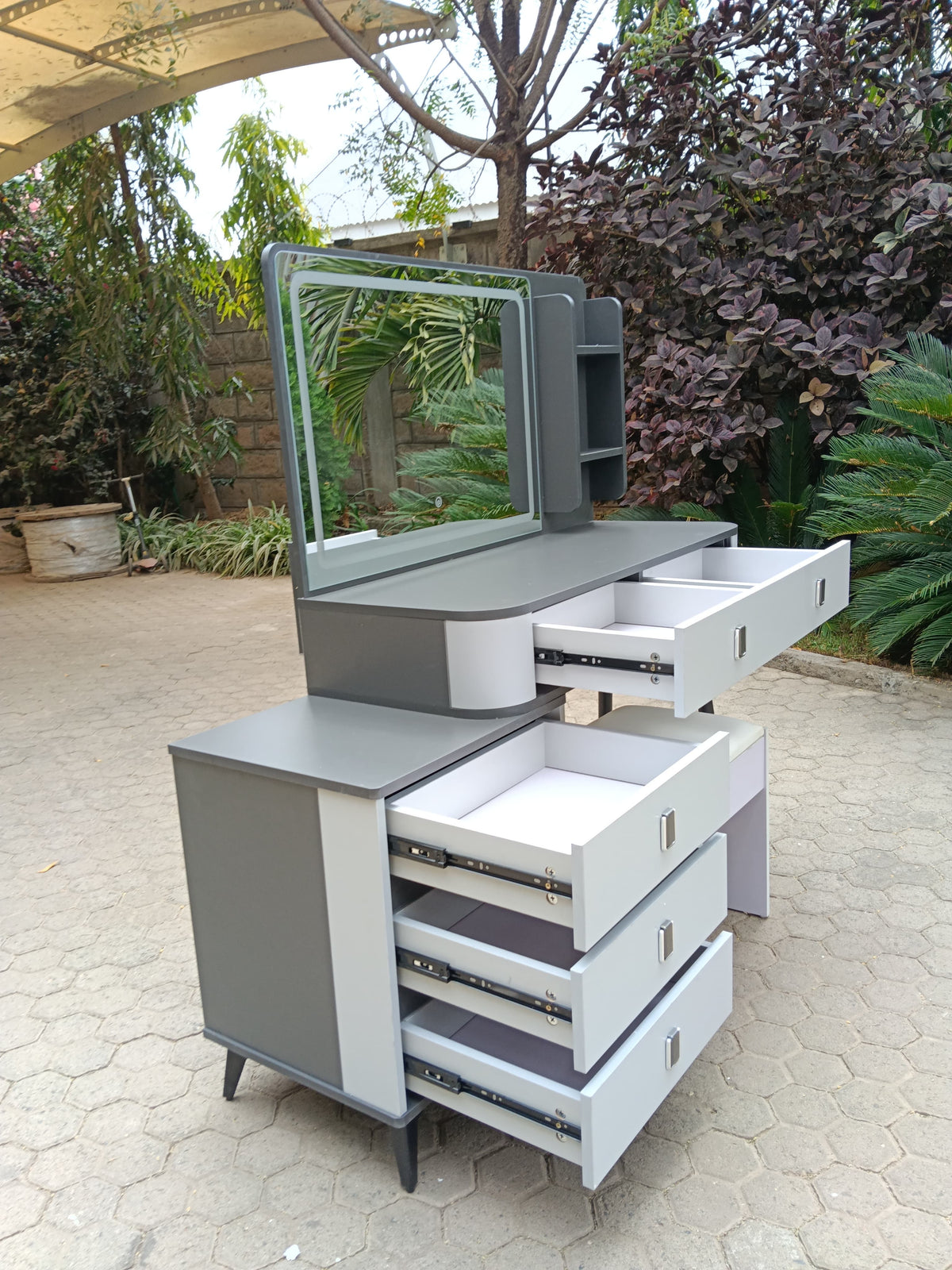 LED Dressing Table with Drawers, Shelves, and Stool