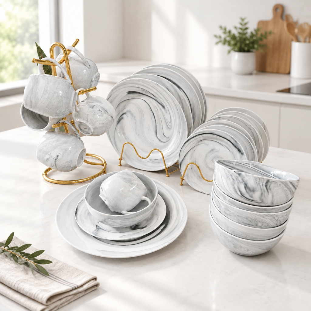 24-piece dinner set available in black and white for everyday dining and table settings – Gemelli Collections.