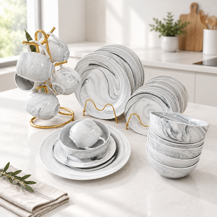 24-piece dinner set available in black and white for everyday dining and table settings – Gemelli Collections.